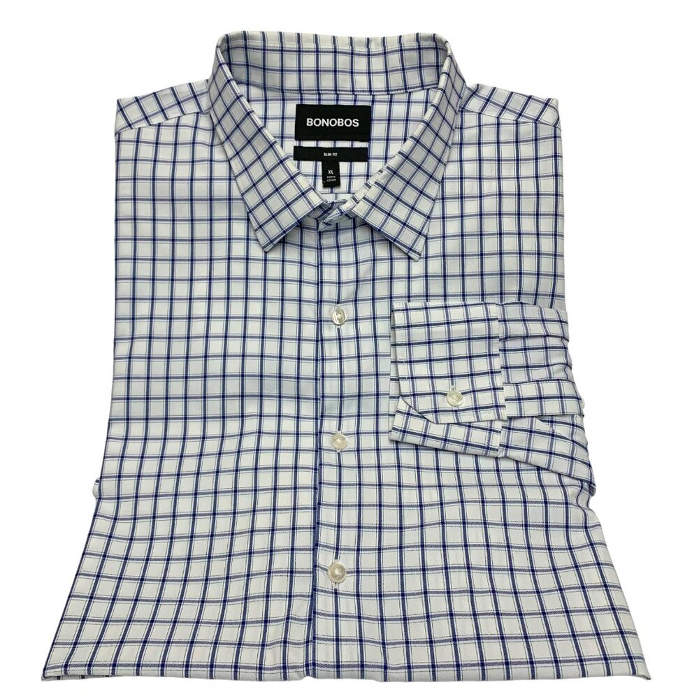 Bonobos Slim Fit White Navy Windowpane Long Sleeve Button Down‎ Shirt